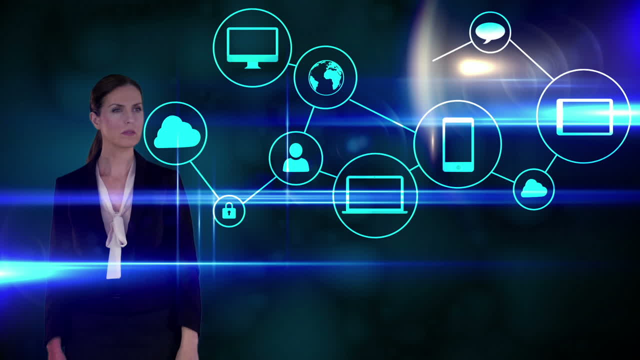 mujer de negocios tocando interfaz futurista en fondo negro