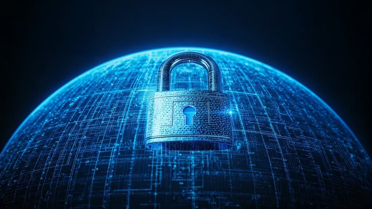 Grid pulsing causing padlock growing above digital globe in void, with blue flares showing security