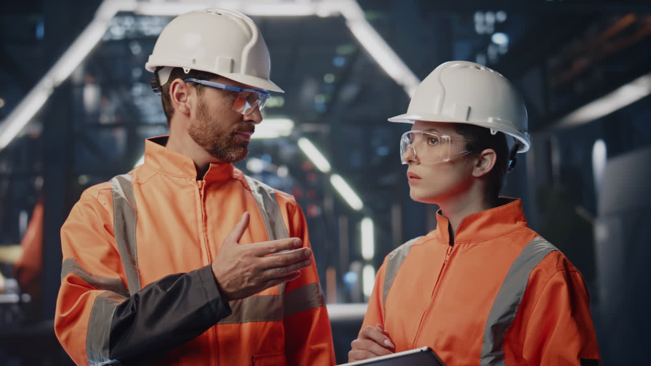 ingeniero de planta mostrando una instalación de producción moderna a una mujer con una tableta de cerca.