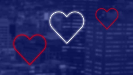Animation-of-red-and-white-neon-hearts-flashing-on-defocussed-city-background