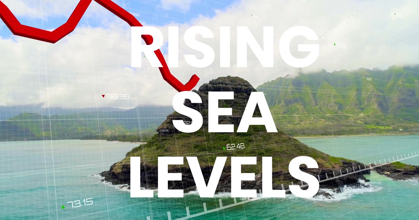 Animation of rising sea levels over financial graph and seascape