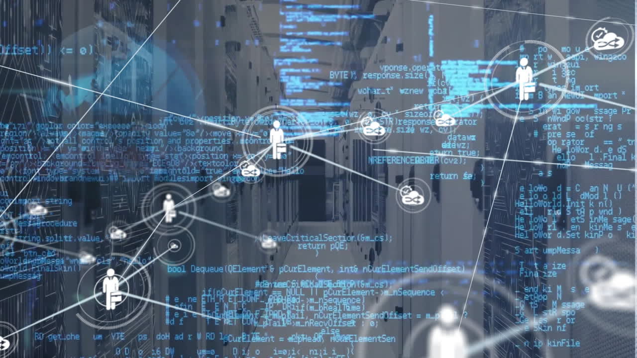 Animation of network of connections with icons and data processing over computer servers