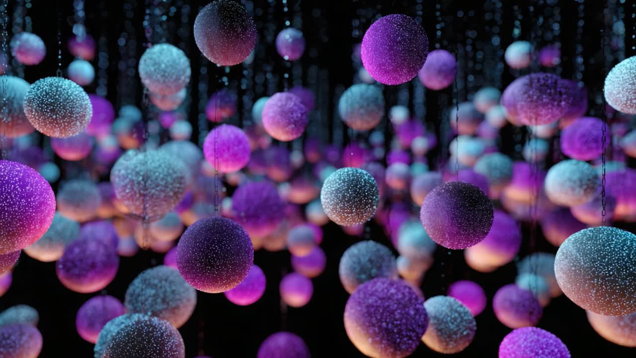 A Stunning Visual Display of Colorful Floating Spheres in Shades of Purple and Blue, Creating an Enchanting Atmosphere with Suspended Droplets of Water
