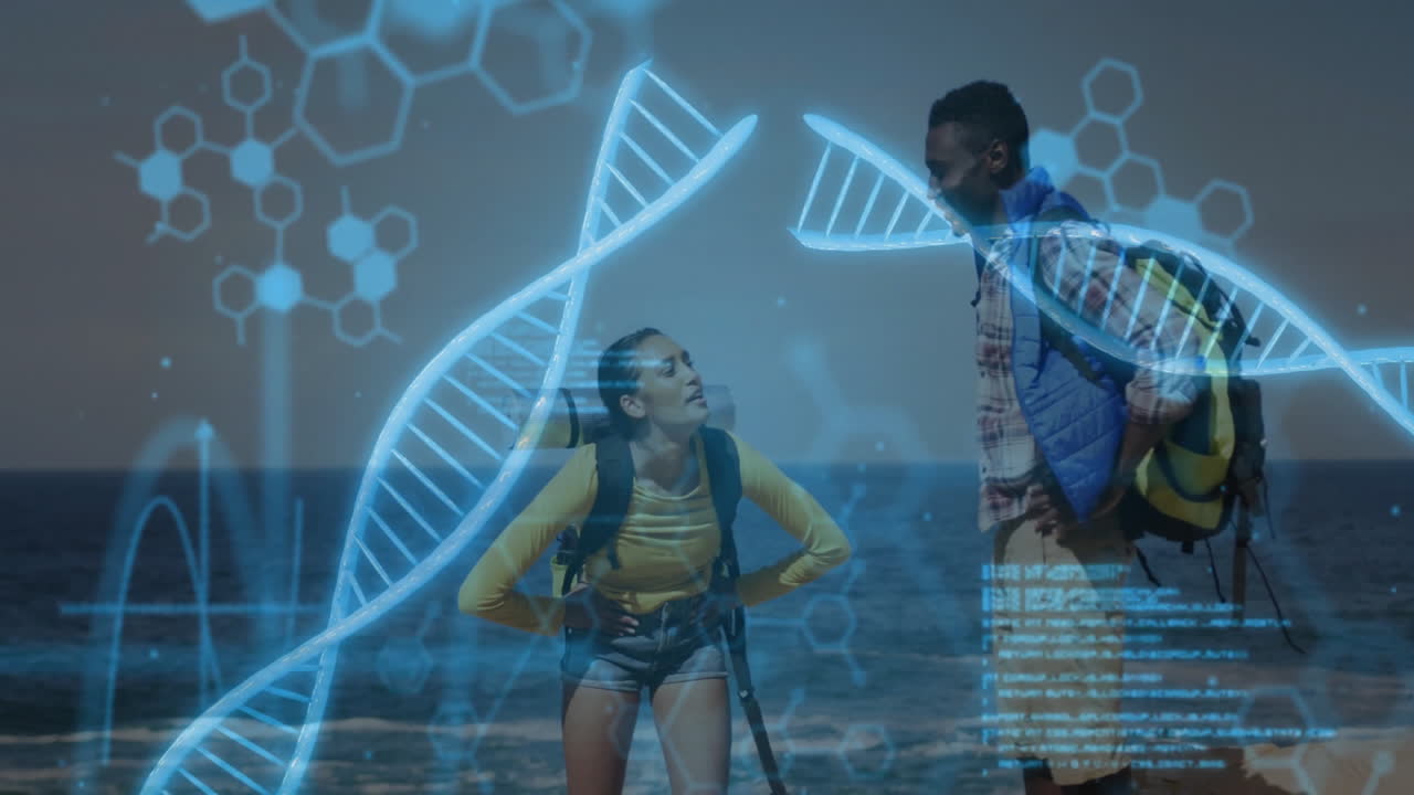 Hikers exploring sandy beach, visualizing holographic tech DNA, hexagon diagrams, scrolling code