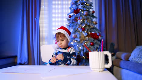 calm baby boy in santa cap sits at desk at home. lovely child drawing with pencils. christmas tree at backdrop.