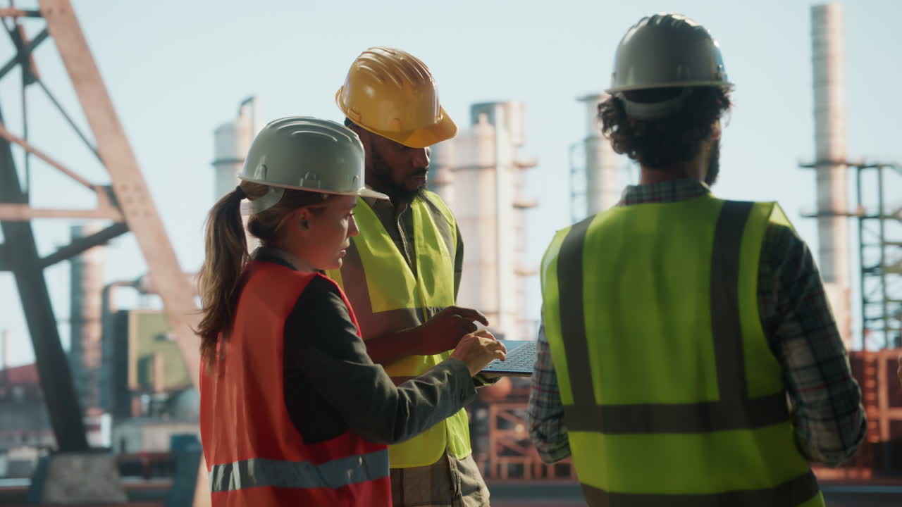 Engineers and Workers Discussing Plans on an Industrial Construction Site