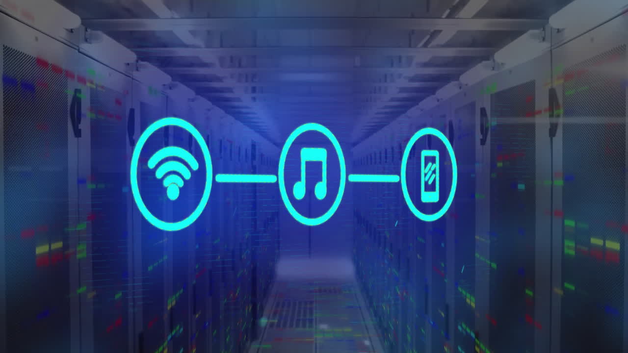 animación de la red de conexiones con iconos a través de servidores informáticos