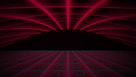 el fondo retro de la cuadrícula de perspectiva de onda de vapor estirada en rojo, el bucle sin fin de la animación 3d