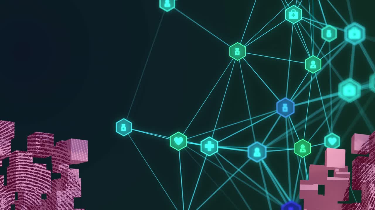 animación de la red de conexiones con iconos sobre el paisaje urbano sobre un fondo oscuro