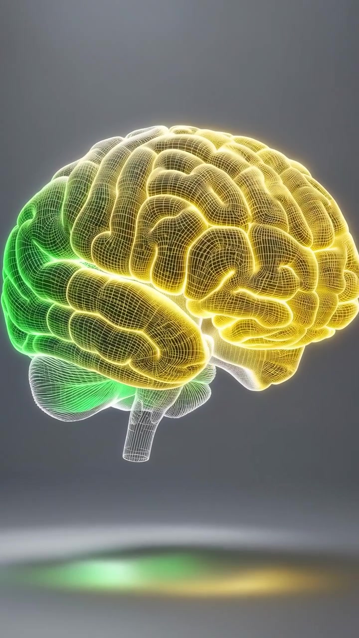Forma cerebral luminosa permanece centralizada enquanto a luz verde recua e uma iluminação dourada quente se espalha por suas dobras texturizadas, projetando um reflexo suave na superfície abaixo.