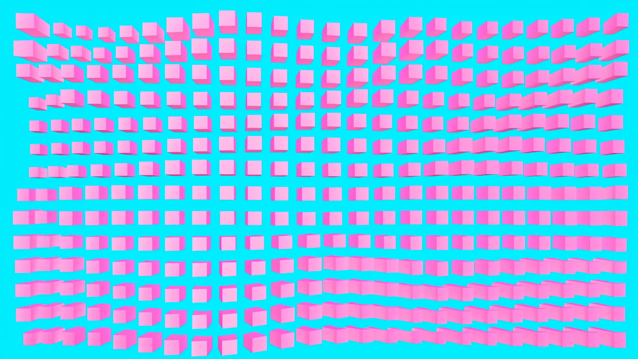 Pink Cube Grid On Cyan Background With Undulating Wave Motion, Retro Vaporwave Palette, Soft Shadows