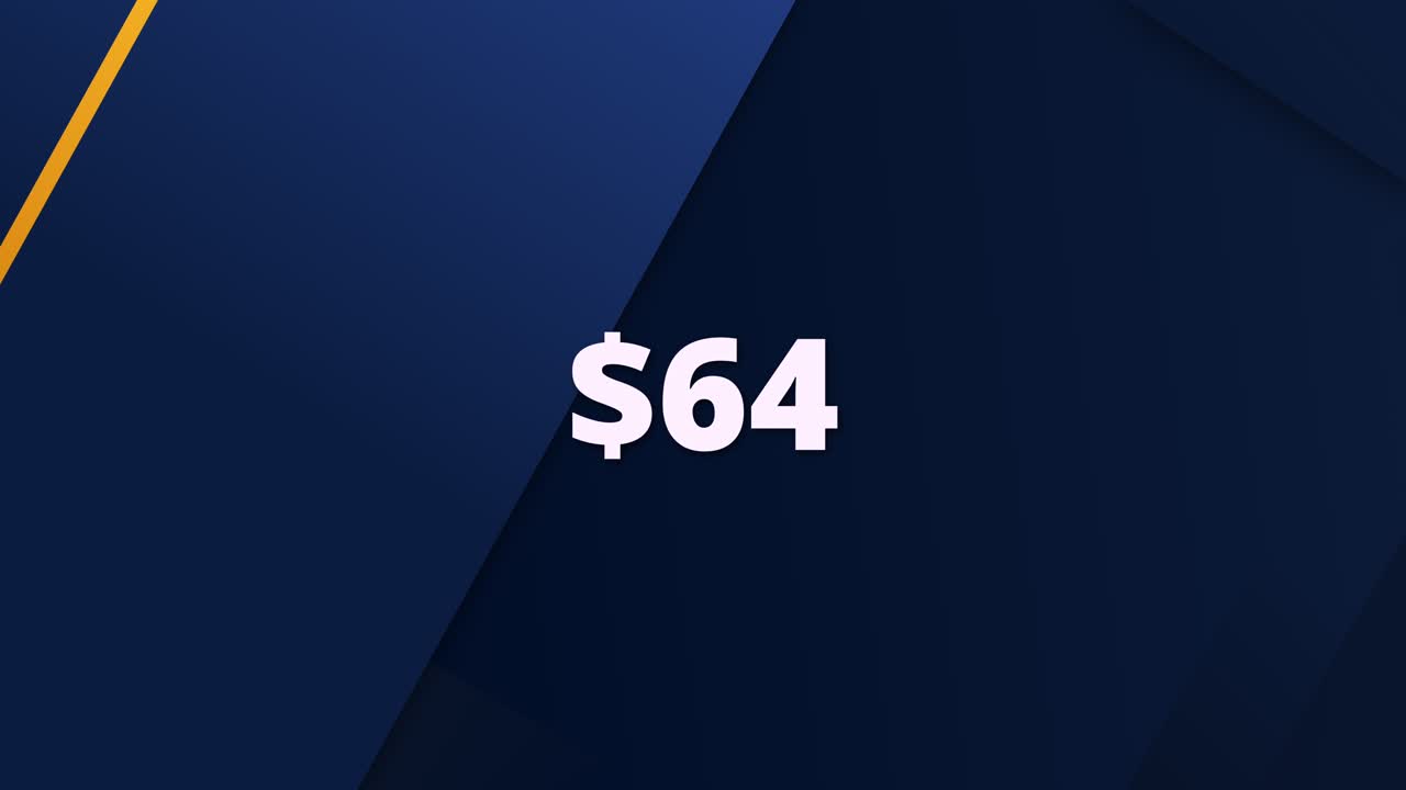A modern and clean animated graphic showing a price tag of $64. Ideal for use in e-commerce, digital ads, promotions, and product highlight videos