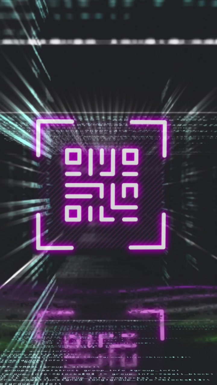 Animation of qr code in viewfinder and arrows over programming language against black background