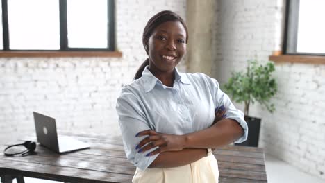 portrait of confident african-american businesswoman, ceo, lawyer in smart casual wear