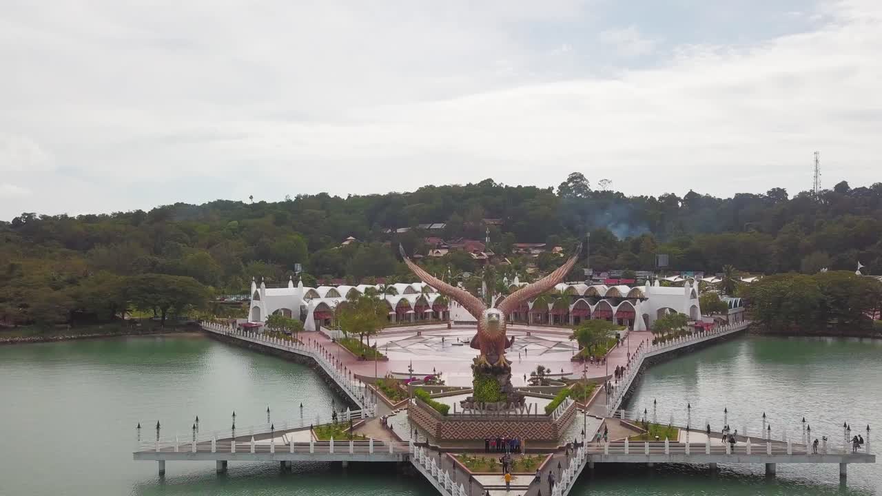 Unique landmarks and architecture in Asia. Aerial drone shot of Eagle Square statue in Malaysia, Langkawi