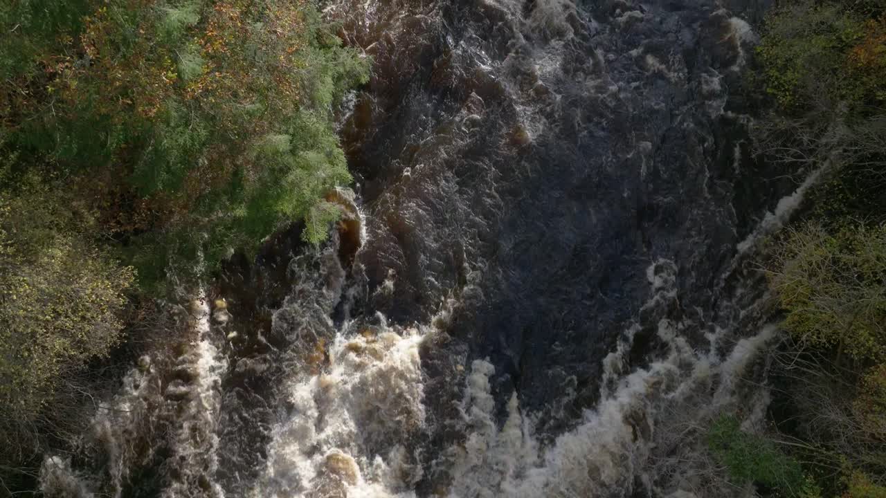 un dron que vuela directamente sobre un río y una cascada rodeados por un bosque de árboles de colores otoñales mientras la luz atrapa la espuma del río turbulento