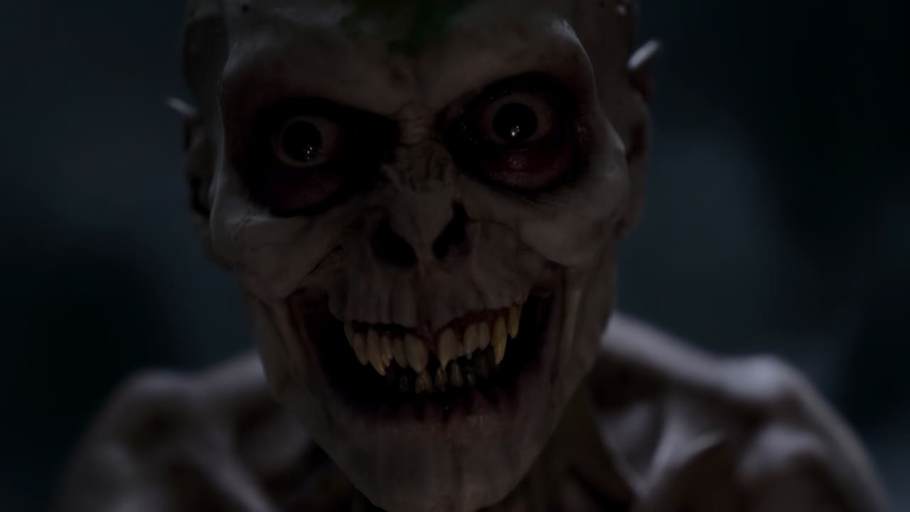 Desenho de criatura esquelética e macilenta inclinando-se em direção à câmera em uma cripta, fixando o olhar vazio e mostrando os dentes