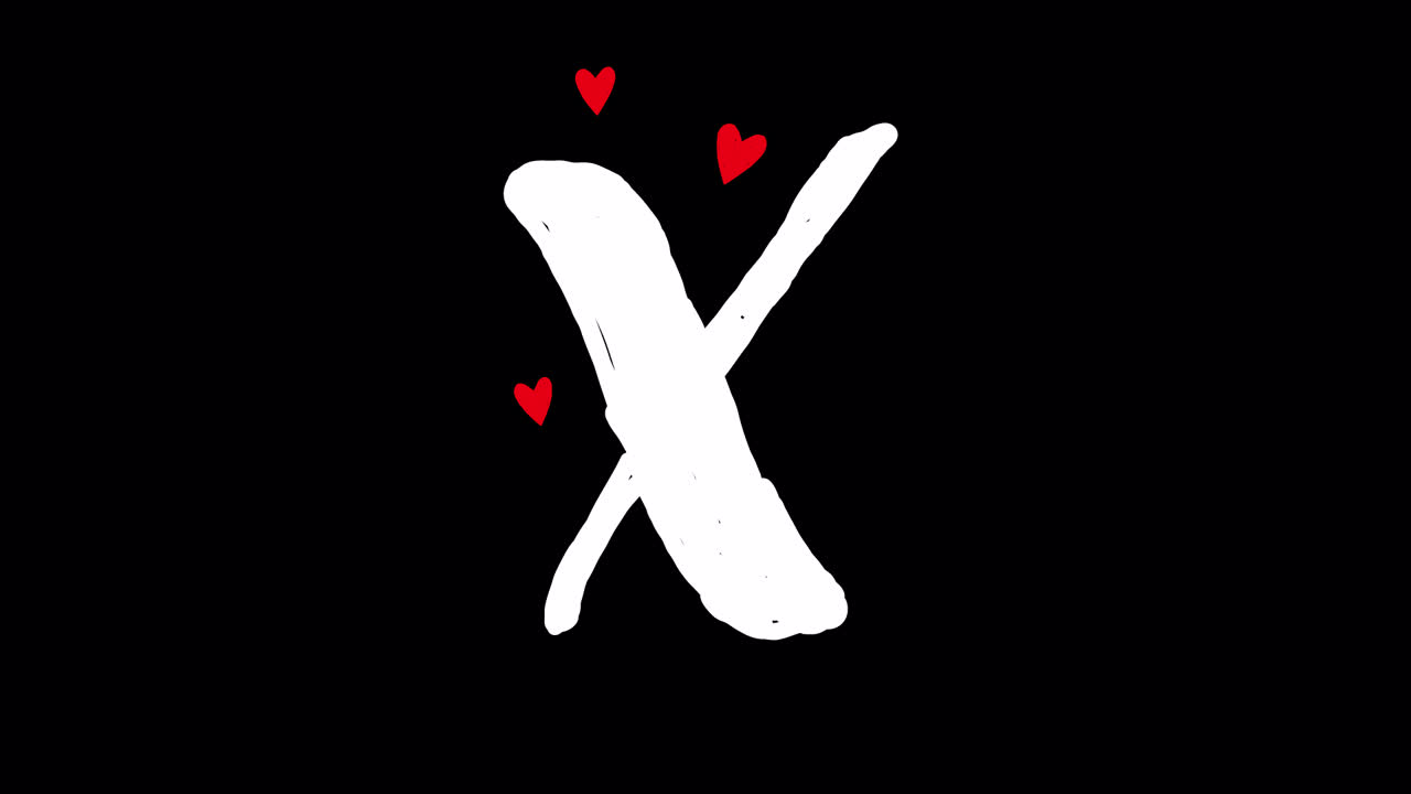 Lettera X disegnata a mano con animazione di cuori su sfondo nero