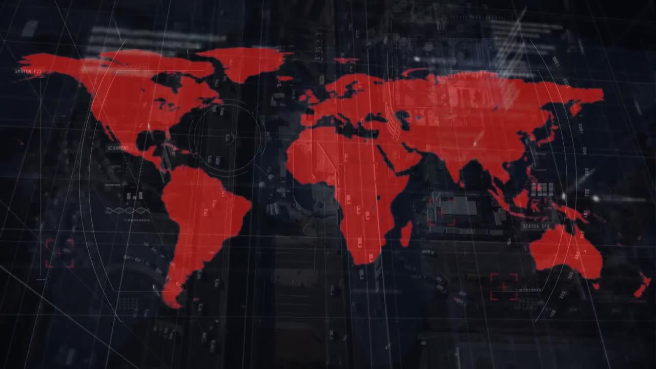 animación de un mapa del mundo, procesamiento de datos sobre un paisaje urbano en el fondo.