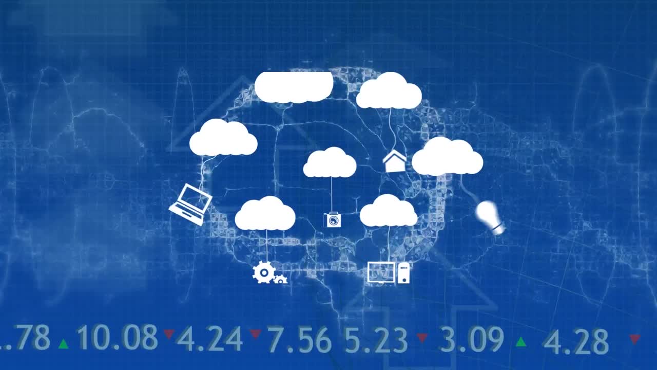 animación de nubes, tecnología y cerebro sobre fondo azul