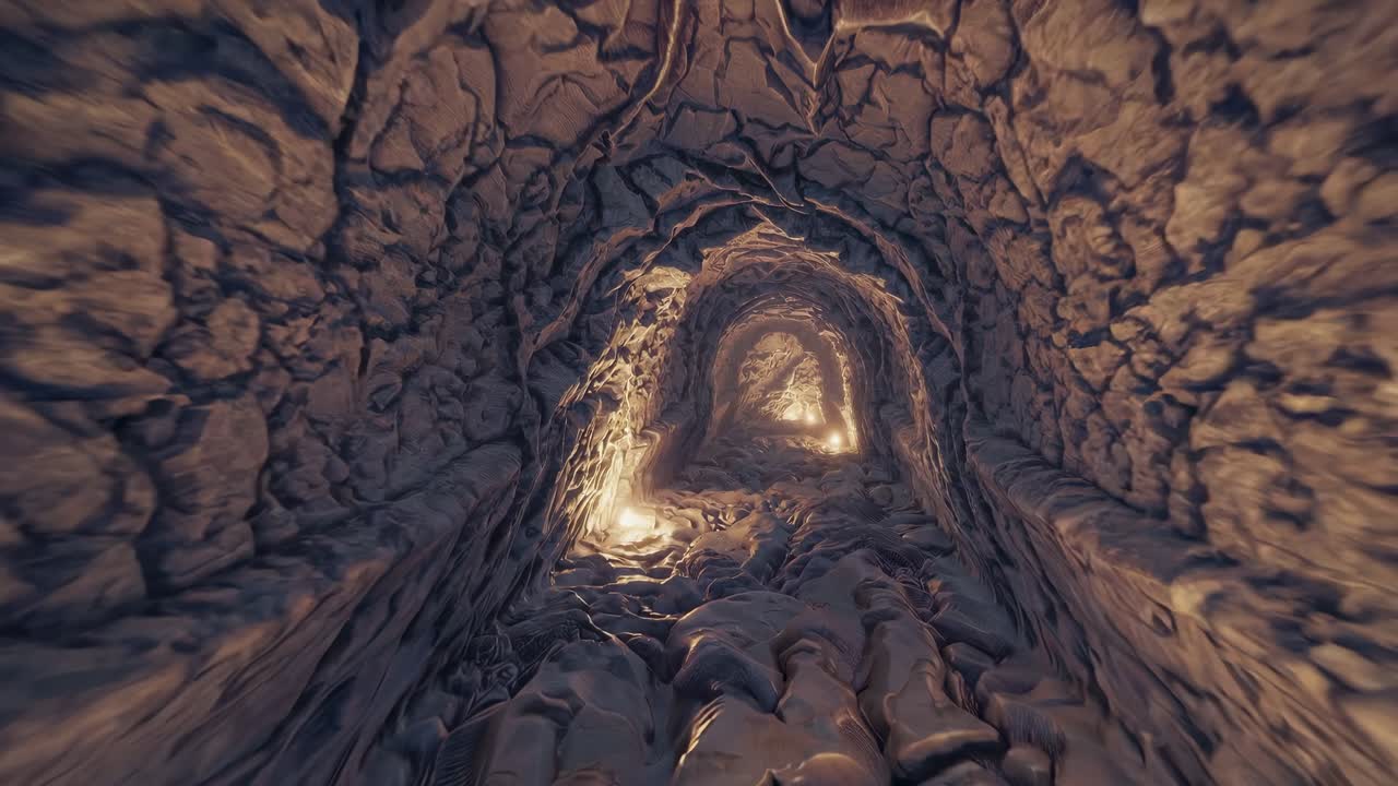 Illuminated Stone Tunnel With Textured Walls