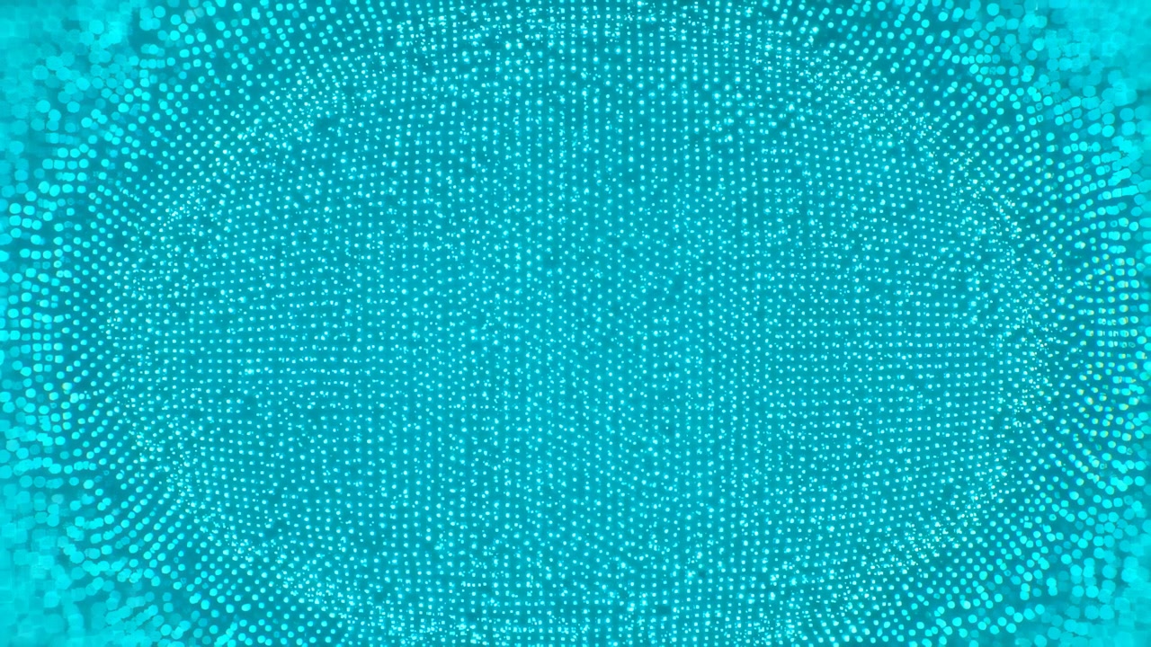 Panoramic abstract motion scene showing dense field of circular luminous points forming gently curved dome while colors transition from aqua to gold, creating depth, rhythm, and futuristic energy