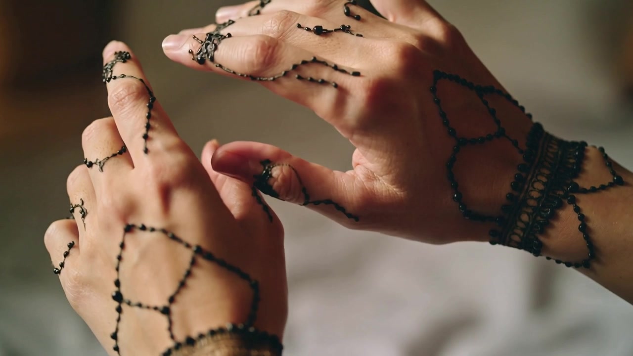 Iniziando con le mani unite, le mani di una donna si muovono sul letto, tracciando la pasta di henné per rivelare i braccialetti