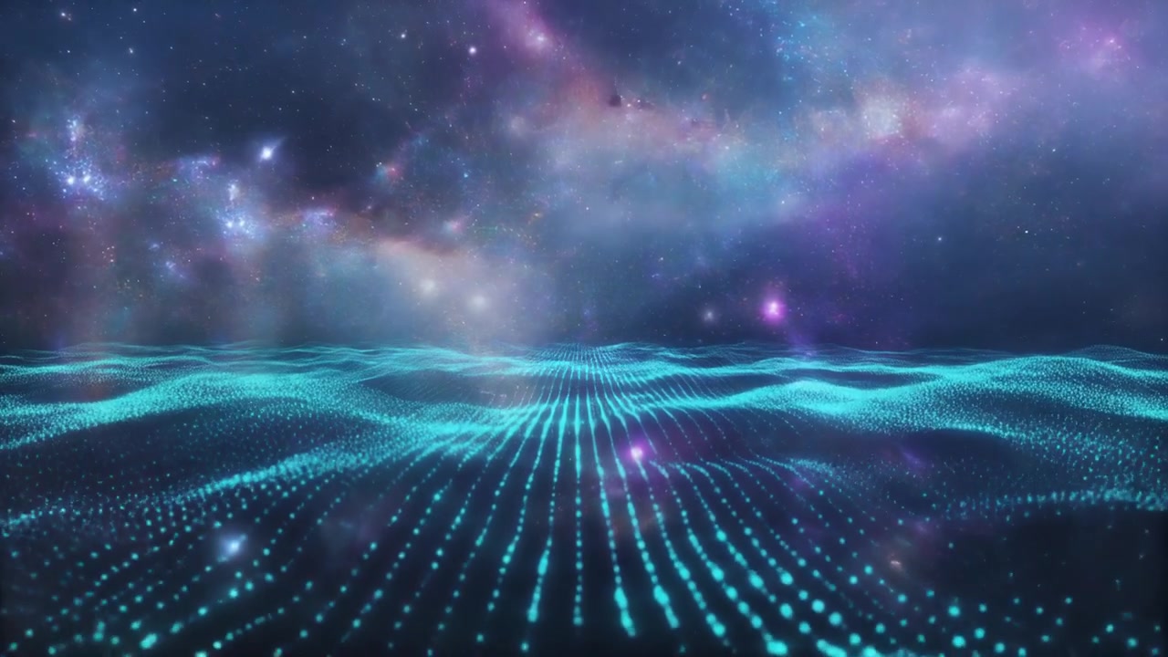 Abstract Digital Wave Landscape Against a Nebula Background