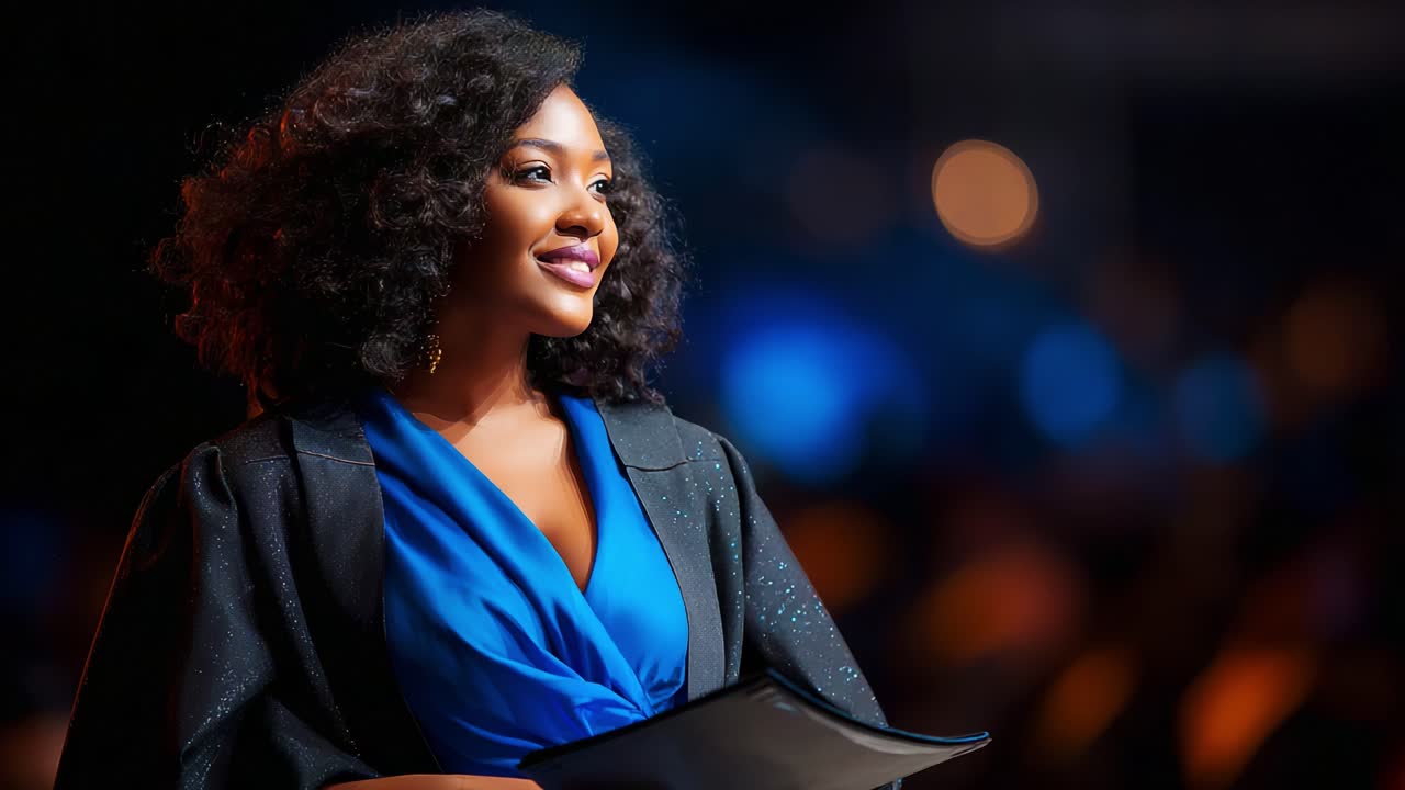 Captivating Graduate with a Radiant Smile: A Celebration of Achievement and Success in Formal Attire, Admired by a Festive Audience in a Beautifully Lit Venue