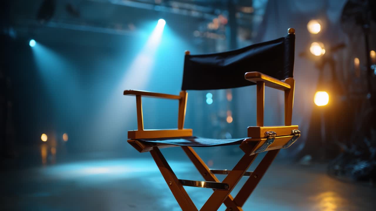 A cinematic scene featuring an empty director's chair bathed in dramatic lighting, symbolizing the essence of film-making and creative storytelling in a studio setting