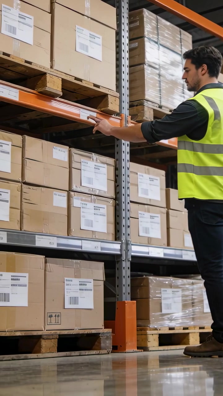 Video vertical: Entrando por la derecha, operario de depósito con ropa de alta visibilidad revisando etiquetas de cajas con un haz de luz, espacio para texto.