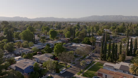 aerial dolly over suburban neighborhood in los angeles, streets lined with palm trees