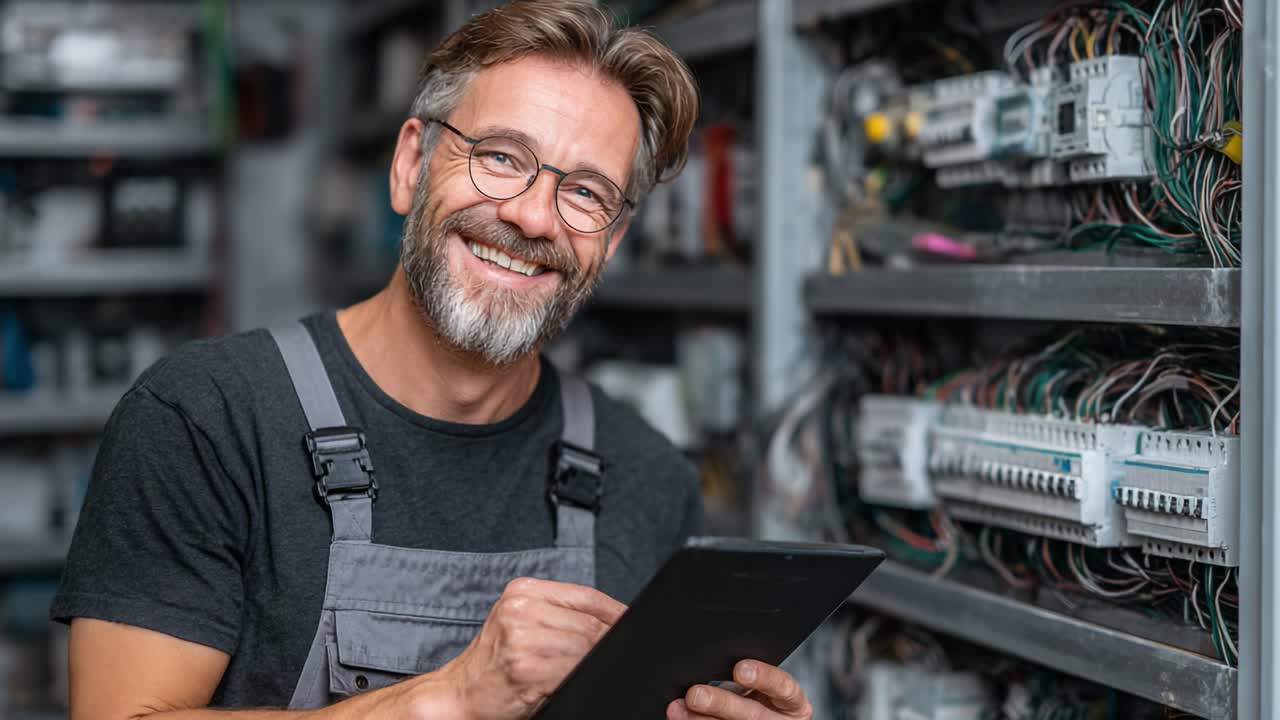 Técnico sorrindo, revisando sistemas elétricos em tablet na oficina cercado por fiação e equipamento, destacando a experiência e o profissionalismo da profissão qualificada
