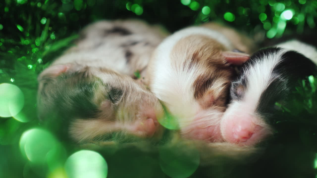 três filhotes recém-nascidos estão nas decorações verdes no dia de são patrício
