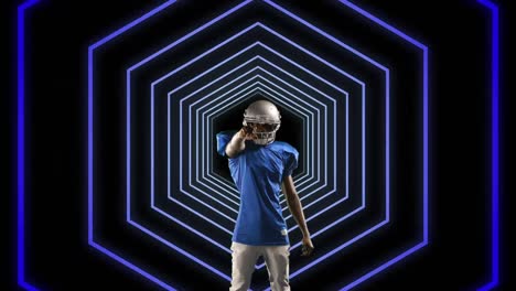 Animation-of-pointing-american-football-player-over-concentric-purple-neon-hexagons-moving-on-black