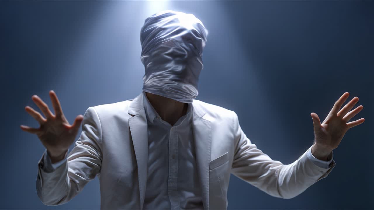 A mysterious figure with a veiled head and tailored suit stands in a spotlight, creating an atmosphere of intrigue and suspense in a dimly lit environment