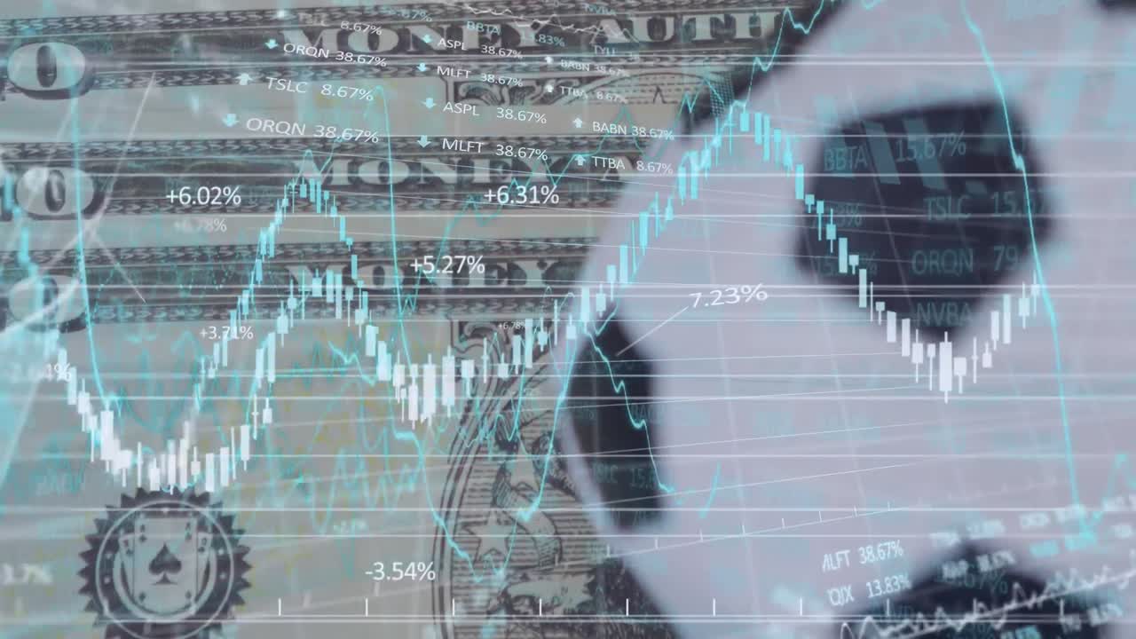 Animation of graphs, numbers, trading board with soccer ball over dollar bills