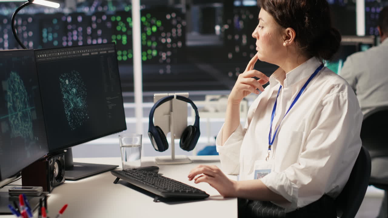 Vertical video Data center technician monitoring server rigs performing AI training