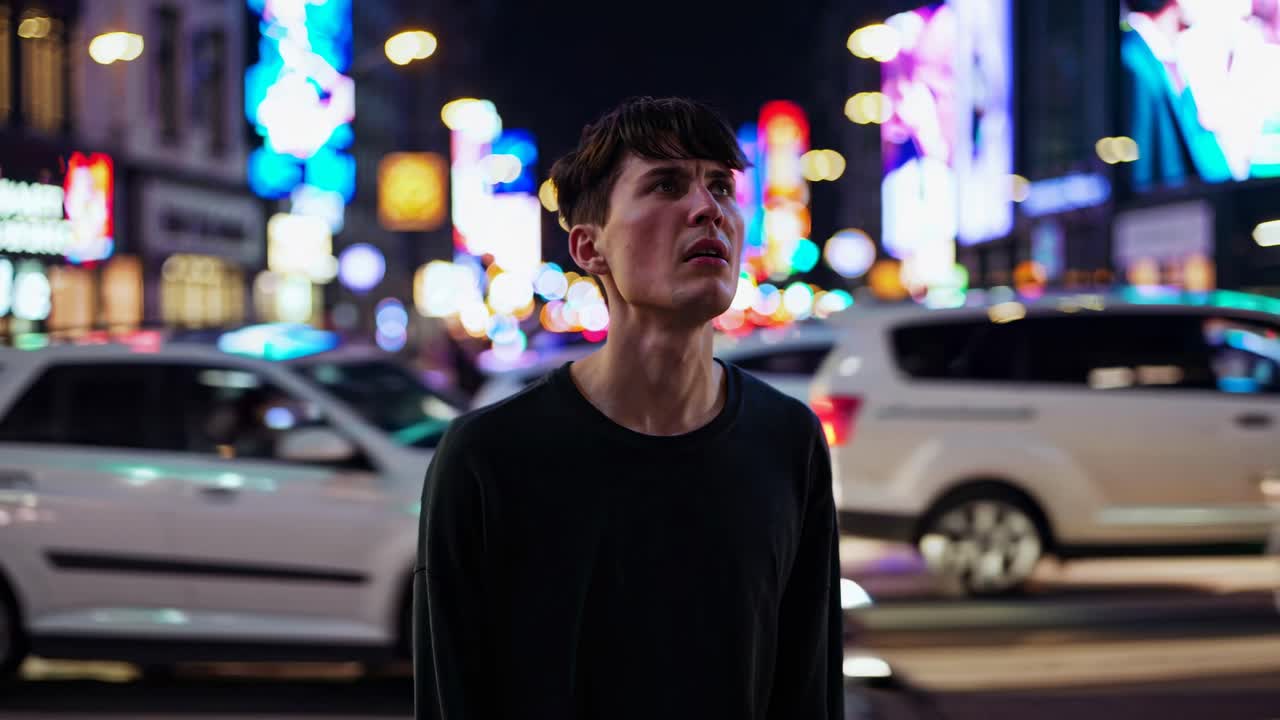 A video captures a young man in a bustling city at night, with a shallow depth of field
