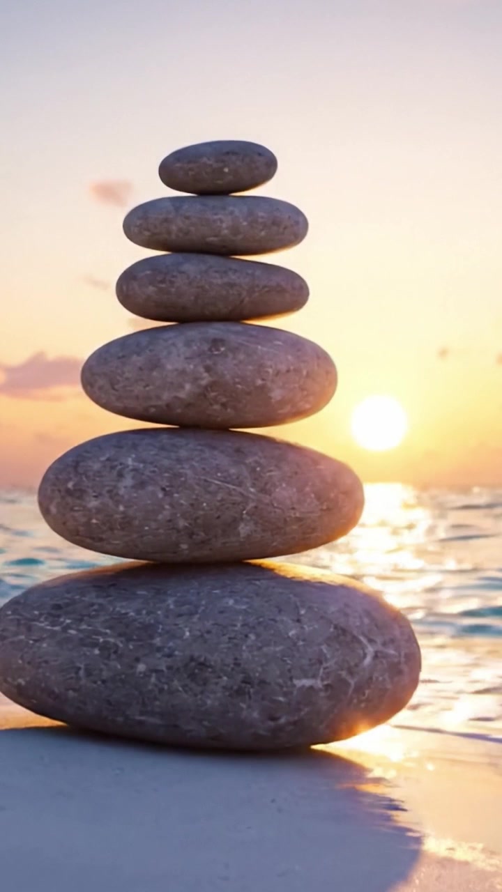 A Serene Stack of Balanced Stones on the Shoreline Radiating Peaceful Vibes at Sunset, Capturing the Beauty of Nature and Tranquility by the Water