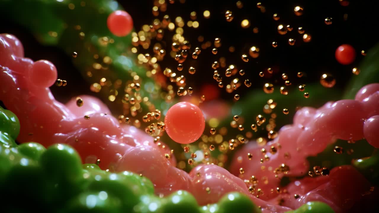 Captivating Close-Up of Colorful Microscopic Particles and Bubbles in an Abstract, Vibrant Environment, Highlighting Dynamic Motion and Vivid Colors in a Stunning Visual Display of Science
