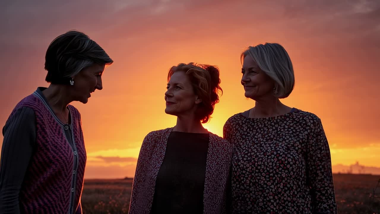 Drie vrouwen poseren bij zonsondergang, de linker leunt en praat, waardoor de middelste zich omdraait, ze delen een bijzonder moment.