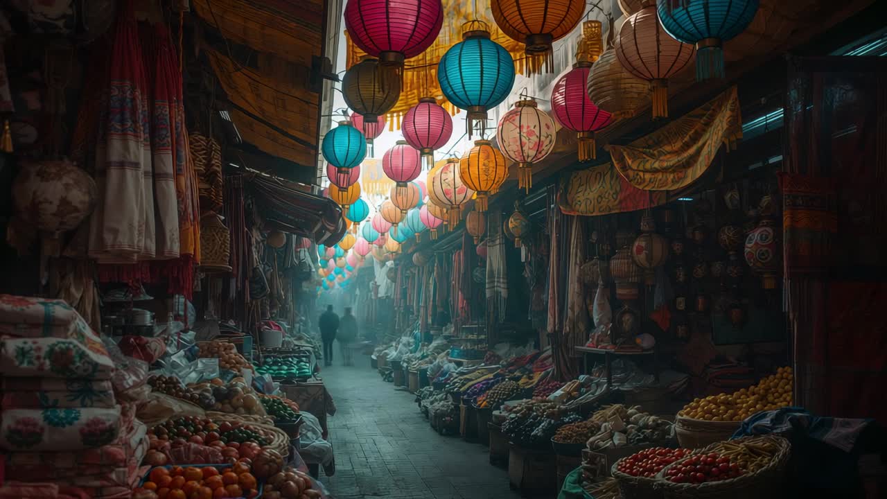 Morning haze unveiling shoppers walking through market alley exploring produce and textile stalls
