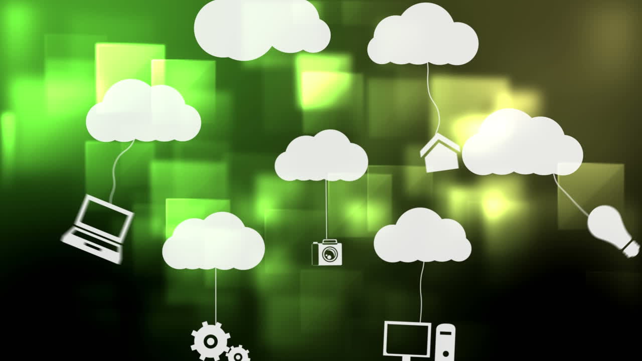 animación de iconos digitales con nubes en cuadrados verdes en el fondo