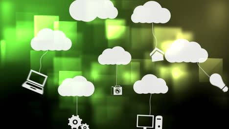 animazione di icone digitali con nuvole su quadrati verdi sullo sfondo