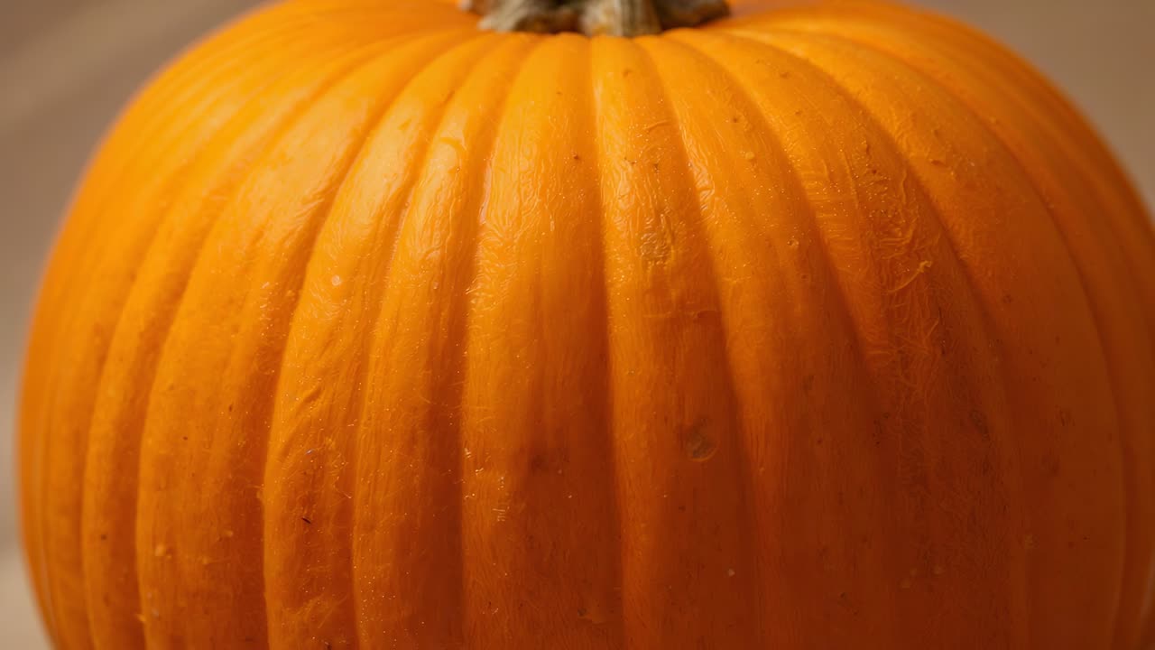 Moving camera framing single orange pumpkin on tabletop, revealing stem and textured ridges