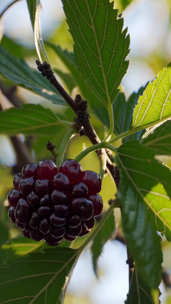 Primo piano di gelsi maturi che crescono su un ramo d'albero