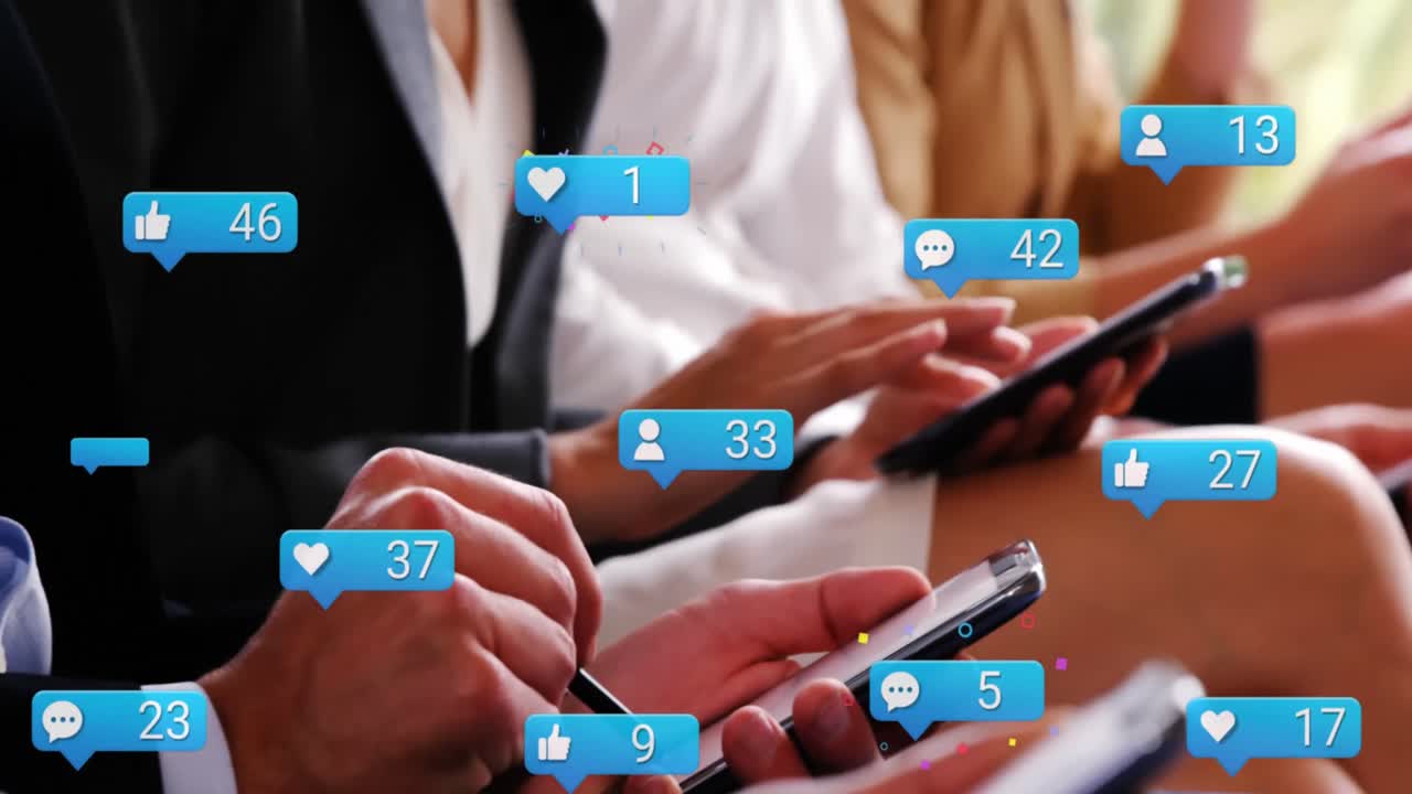 Animation of notification icons with increasing number over diverse colleagues using technology