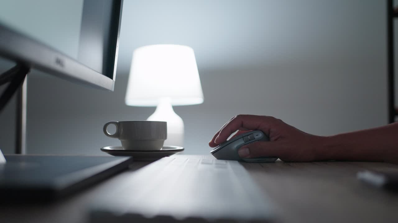 close up hands working overtime typing research laptop office desk at night