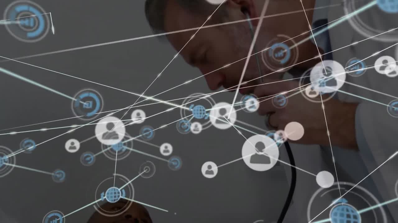 red de iconos digitales contra un médico caucásico examinando a un paciente afroamericano